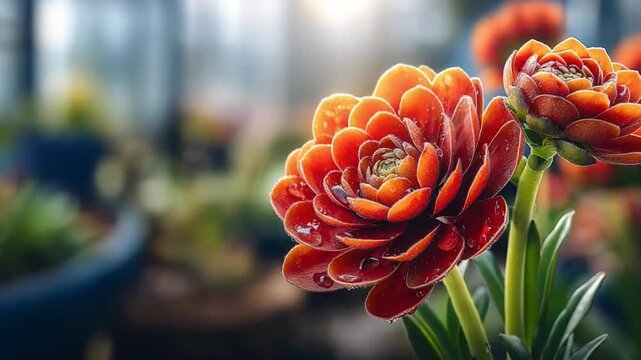 Radiant Bloom: A close-up showcases a vibrant, multi-layered red flower with a captivating texture, its petals glistening in the soft, diffused light of a garden, the essence of natural beauty.
