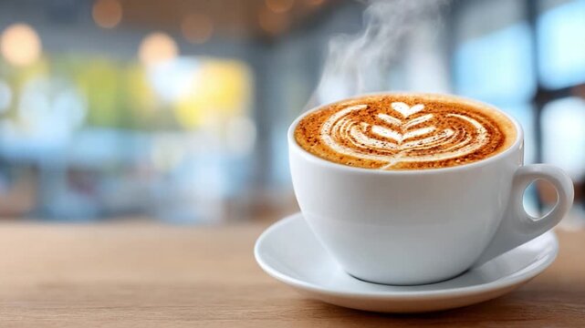 Coffee Cup Artistry: A beautifully presented cup of coffee with intricate latte art, steams gently on a wooden table, inviting a moment of peace and contemplation.