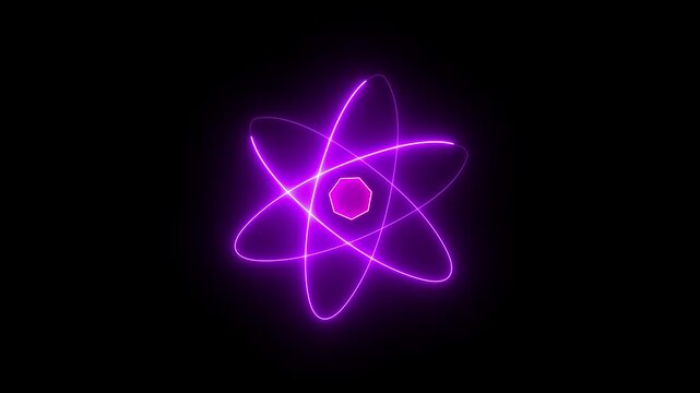 Vibrant purple neon atom model, representing quantum computing, futuristic technology, and big data science