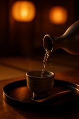 Elegant Pouring of Japanese Sake on Lacquer Tray