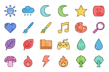 Set of pixel art icons with hand-drawn watercolor fill. Retro 8-bit video game style symbols. Weather, nature, art, gaming, and UI elements for creative design projects.