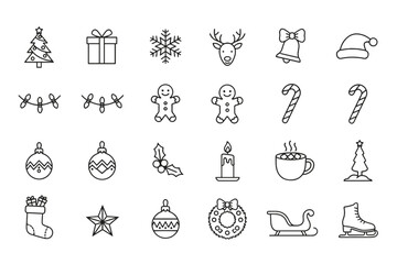 Christmas thin line icon set. Winter holiday symbols collection. Xmas graphic elements for design. Includes tree, gift, snowflake, reindeer, santa hat, gingerbread man, candy cane.
