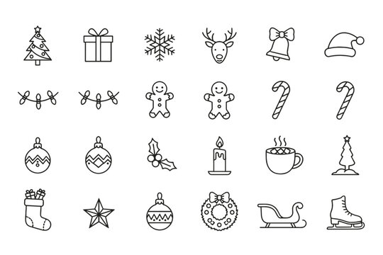 Christmas thin line icon set. Winter holiday symbols collection. Xmas graphic elements for design. Includes tree, gift, snowflake, reindeer, santa hat, gingerbread man, candy cane.