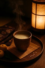 Warm Amazake Served beside Lantern on Wooden Table