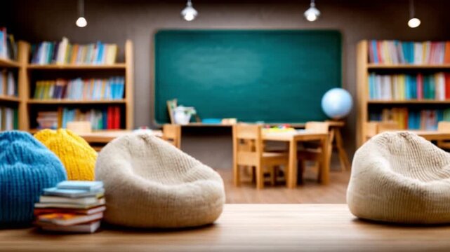 Cozy Classroom Corner: A welcoming classroom with inviting beanbag chairs, a colorful array of books, and a blackboard sets the stage for learning and discovery. - Powered by Adobe