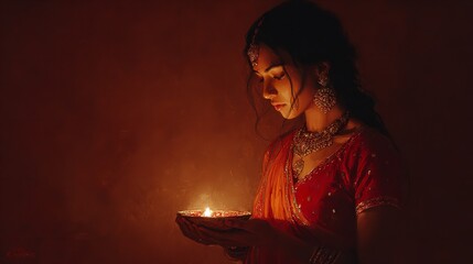 A serene indian woman in traditional dress holds a diya lamp, casting a warm and gentle light in darkness
