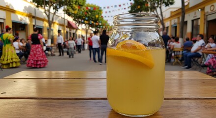 A jar of lemonade with lemon slices, on a wooden table in a pedestrian street festival