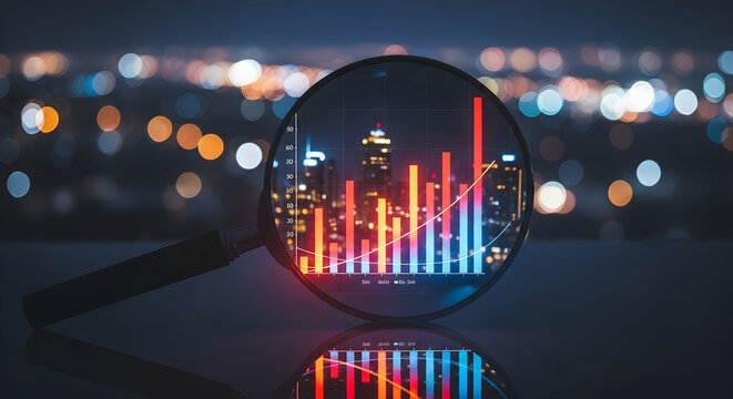 Analyze business growth with a magnifying glass over city skyline data