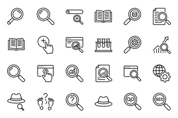 Magnifying glass icon set vector, search and zoom line art symbols collection, magnifier loupe search tool, UI search icons, investigation and discovery concept graphics