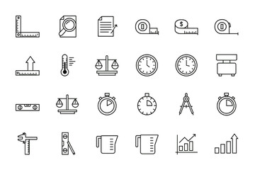Measure and analysis thin line icon set. Vector symbols of measurement, data, time, weight, finance. Ruler, scale, clock, graph, thermometer, stopwatch, research icons.