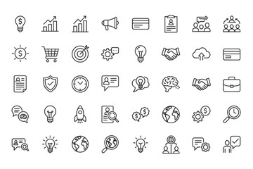 Project management and business strategy icon set. Corporate workflow, planning, and timeline symbols. Infographic elements for presentation. Data analysis and teamwork icons.