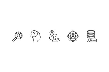 User data and customer management line icon set. Concepts for HR, recruitment, consumer behavior research, customer journey mapping, user network, and database analysis.