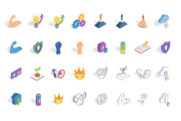 Motivation success isometric icon set. Personal growth, business achievement, development symbols. Strength, idea, power, strategy, leadership vector infographic elements.