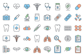 Medical and healthcare line icon set. Vector symbols for hospital, clinic, pharmacy. Collection of simple outline illustrations: heart, brain, lungs, tooth, pill, stethoscope.