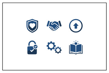 Business core values icon set. Trust, partnership, growth, security, process, knowledge. Metaphor of corporate ethics, development, strategy, success and innovation.