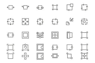 Vector line icon set for resize, crop, scaling, adjust size, move, aspect ratio, layout grid, selection editing, transform controls, alignment, reposition, design interface tools
