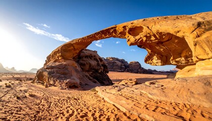 A massive natural rock arch in a desert landscape with a bright blue sky