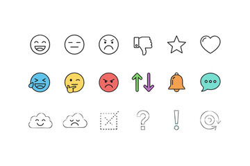 Emoji emoticon icon set for customer feedback and rating survey. Social media UI icons like smile, sad, angry, thumbs up, down, star, heart. Chat and notification symbols.