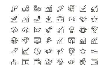 Growth and success line icon set. Business development, finance, investment, and strategy concepts. Symbols for achievement, career progress, startup, marketing, and money.