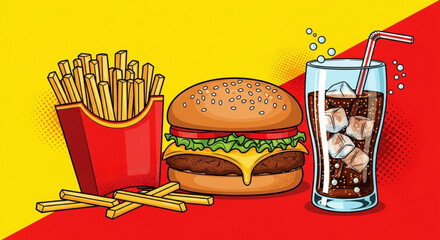 A tempting spread of classic fast food favorites, featuring a juicy burger, crispy fries, and a refreshing cola drink on vibrant background