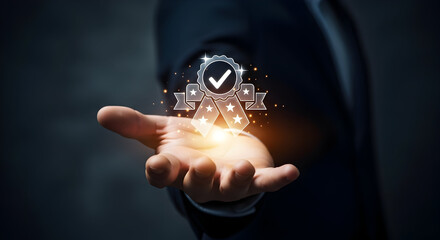 Elegant hand presents glowing symbol of excellence and quality approval