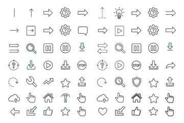 Big UI UX line icon set for web and mobile app design. User interface and experience pictogram collection. Arrow, download, upload, play, search, settings, home, like. Vector symbol.
