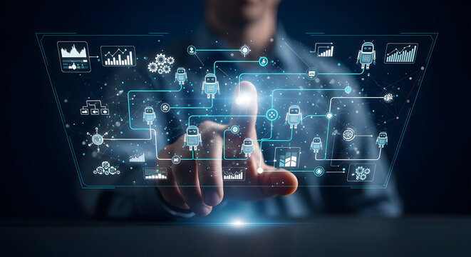 Modern touch screen interface connecting automation robots and data graphs
