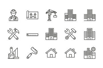 Construction icon set. Building industry, real estate, engineering, and architecture symbols. Home renovation, repair tools. Worker, crane, blueprint, house, hammer vector.