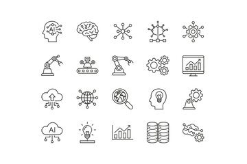 Artificial intelligence line icon set. Concepts of machine learning, robotics, automation and big data. Vector icons for technology, innovation, and future industry 4.0.
