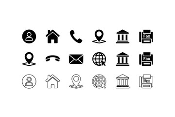 Contact us icons vector set for web and business card design. User, home, address, phone, mail, location, globe, bank and fax symbols. Pictogram collection in glyph and outline style.