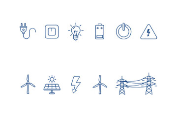 Power and energy vector line icon set. Electricity symbols. Renewable, green energy concept. Solar panel, wind turbine, power grid, battery, plug, light bulb, voltage sign.