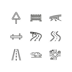 Road and traffic line icon set. Highway, street, car, and transport elements. Vector symbols for navigation, driving, warning signs, bridge and intersection illustrations.
