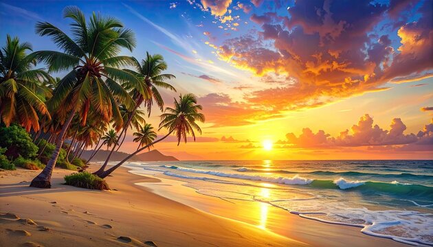 Tropical Beach Sunset with Pixelated Palm Trees Golden Horizon and Turquoise Water Reflecting Sunlight Creating a Dreamlike Digital Art Voxel Aesthetic
