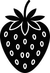 Illustrative Black Silhouette of a Single Ripe Strawberry with Leaves and Seeds Showing for Creative Bundle Design Projects and Food Related Graphics