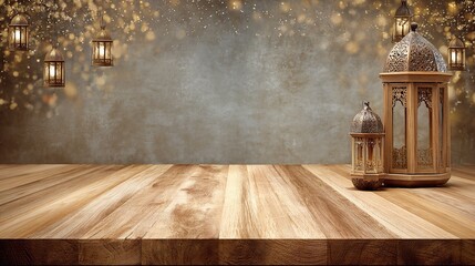 Serene ramadan background featuring wooden table and ornate lantern, evoking a sense of peace and spiritual reflection