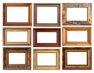 Nine empty ornate picture frames displayed in a grid