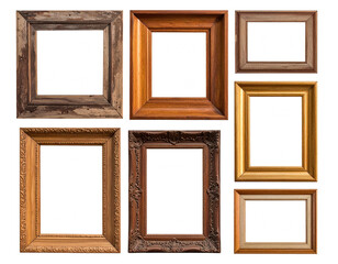 Assortment of empty picture frames in various styles and materials