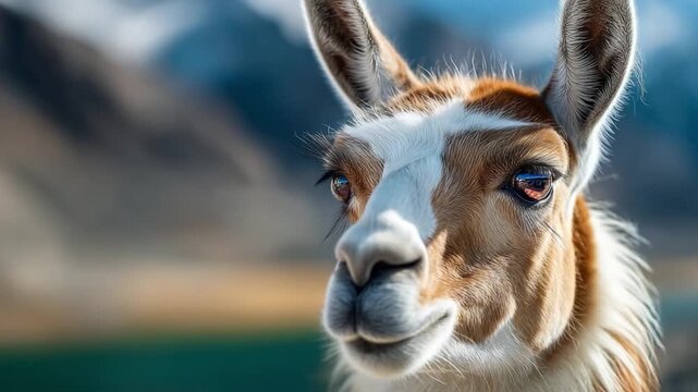 Regal Llama in the Highlands: A close-up portrait of a majestic llama showcases its serene gaze, amidst the backdrop of serene alpine heights, reflecting its natural habitat 