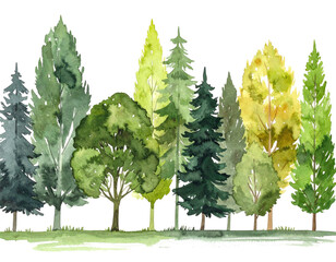 Watercolor forest scene with diverse evergreen and deciduous trees