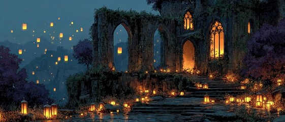Moonlit castle ruins covered in curling ivy, jack-oa??-lanterns illuminating the path, floating lanterns