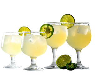 Four refreshing yellow cocktails with ice, salt rims, lime, and jalape?o slices