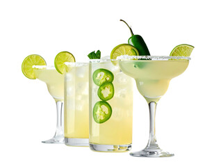 Four refreshing citrus drinks with spicy pepper and lime garnishes