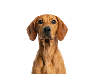 Close up studio portrait of a reddish-brown dog against a black background
