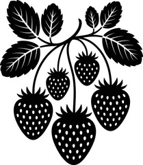 Illustrative Design of a Strawberry Plant Branch Featuring Ripe Fruit and Detailed Green Leaves in a Silhouette Style Perfect for Packaging and Fabric