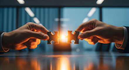 Two hands connecting puzzle pieces, symbolizing partnership and solutions