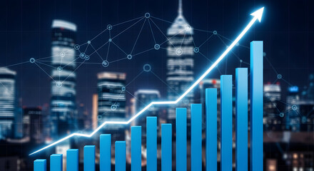 Dynamic bar graph showing financial growth over modern city background