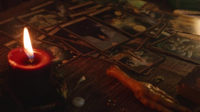 Tarot cards are spread on a wooden table, illuminated by the warm glow of a flickering red candle, creating an atmosphere of mystery and spiritual reflection for fortune telling and divination