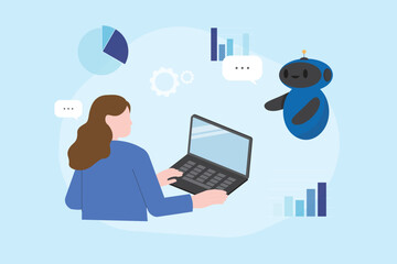 AI Assistant, artificial intelligence helper concept. Software or program for Data analysis. Chat with robot or Ai training development. Businesswoman using laptop with robot vector illustration.