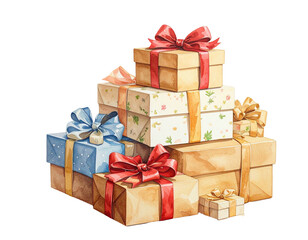 Stack of colorful wrapped presents with ribbons