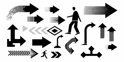 Collection of diverse arrow shapes and a walking person silhouette on a white background